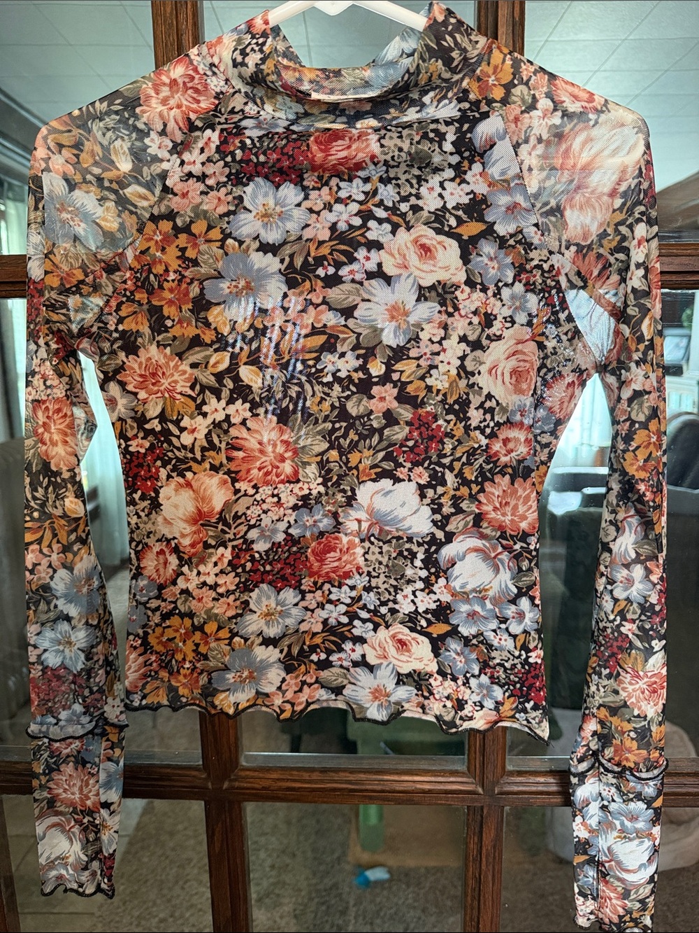 Promesa Womens Floral Sheer Mesh Mock Neck Lettuce Edge Long Sleeve Top Small